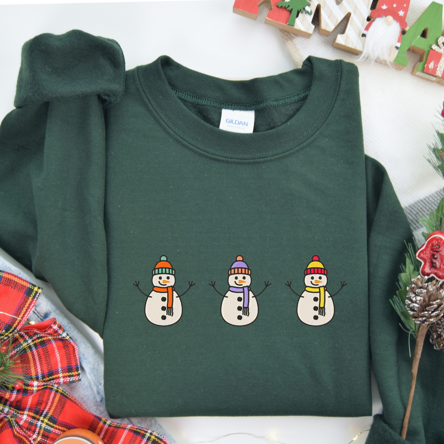 Embroidered Snowman Trio Sweatshirt