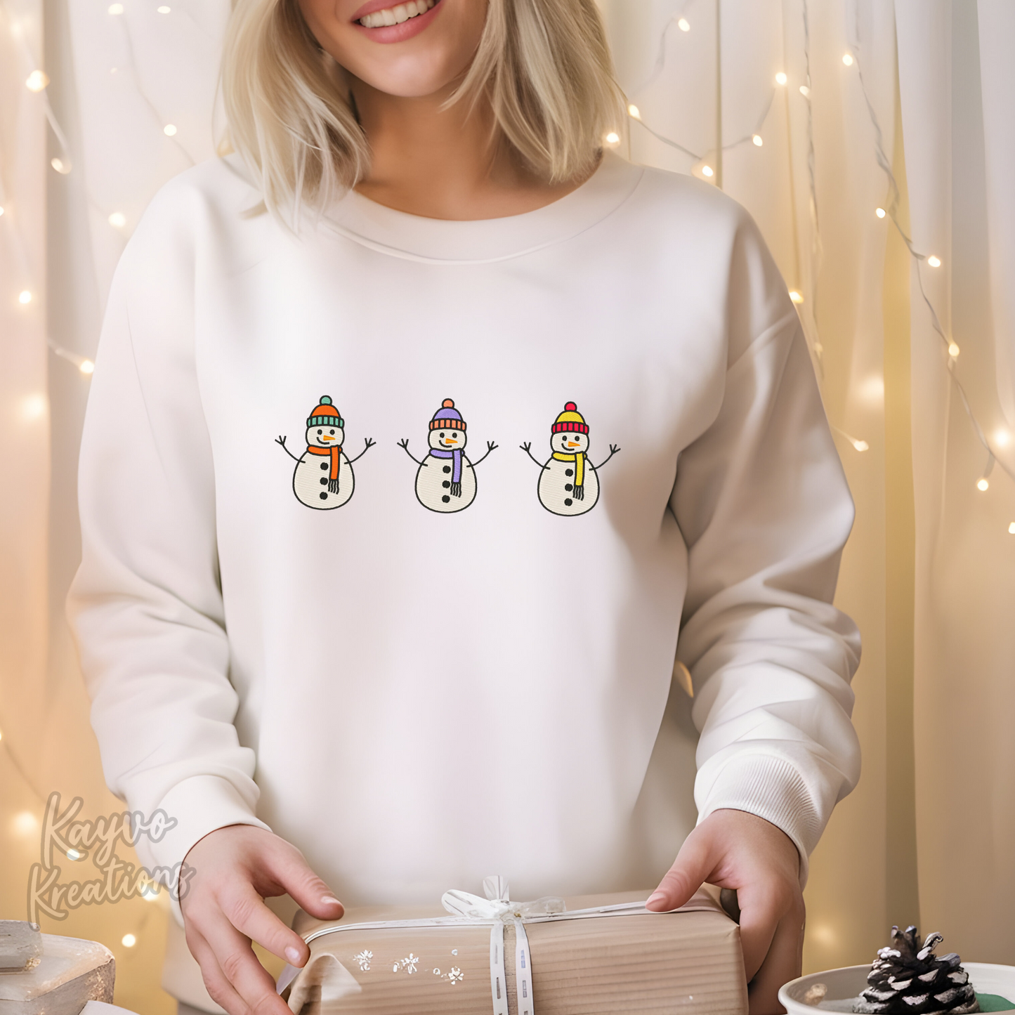 Embroidered Snowman Trio Sweatshirt