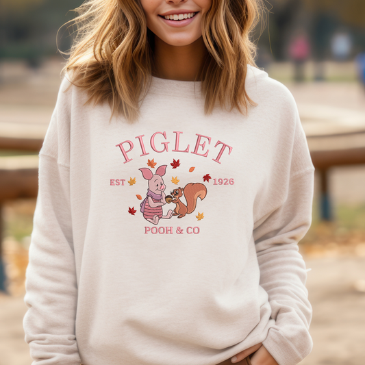 Embroidered Piglet Fall Leaves Sweatshirt