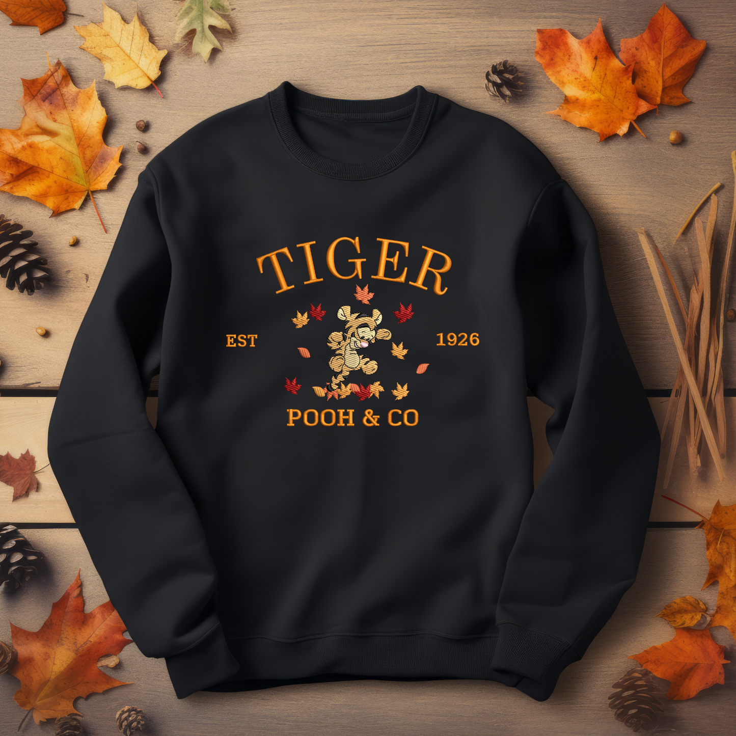 Embroidered Tiger Fall Leaves Sweatshirt